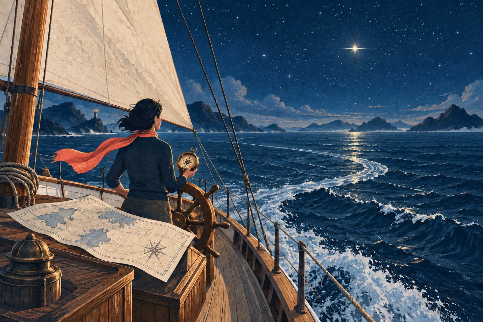 A human captain holds a compass at the helm, with a chart on deck, steering across changing water towards a bright North Star while the wake curves behind the vessel.